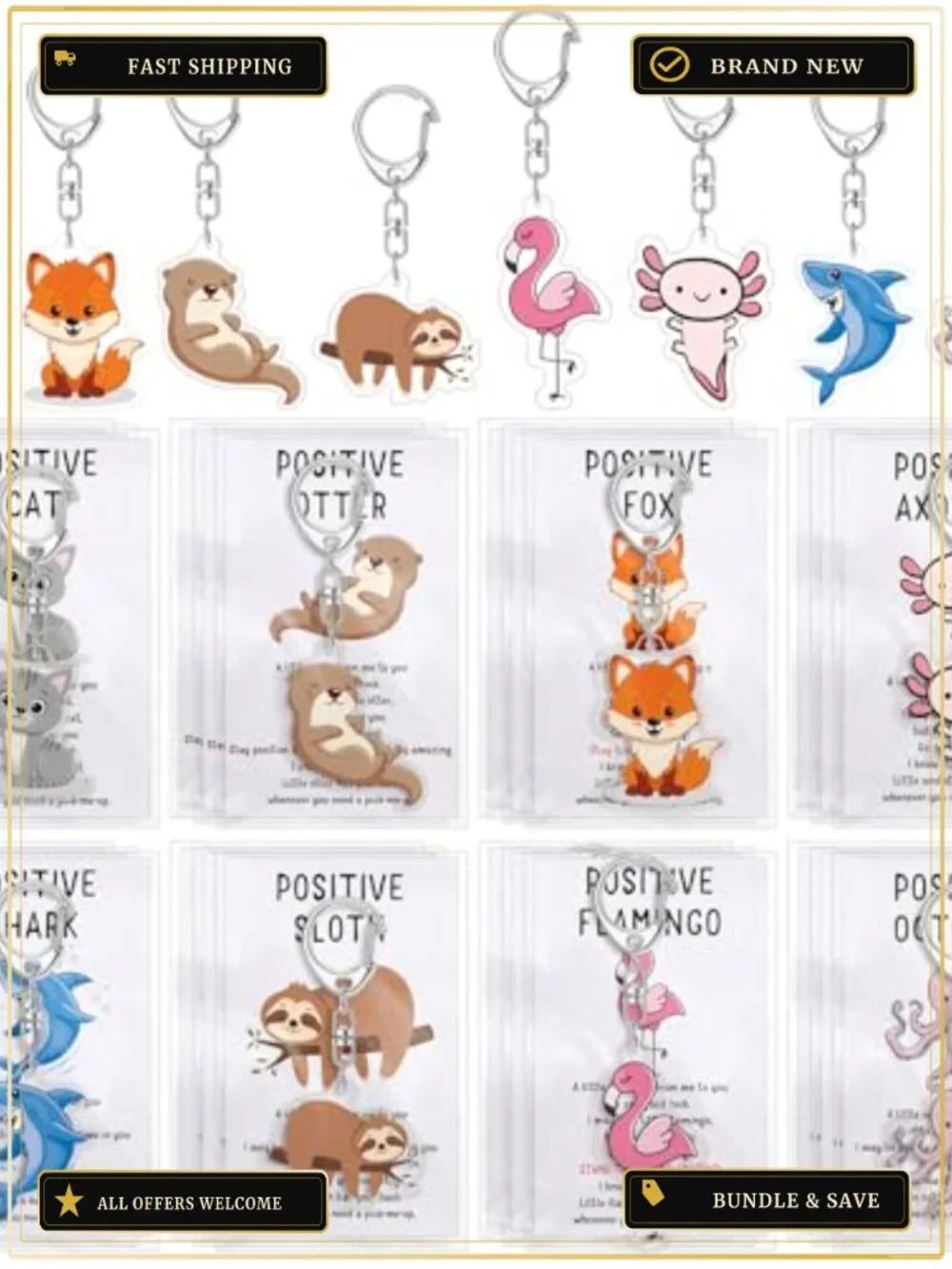 Positive Acrylic Animal Keychain Set with Inspirational Cards for Gifts